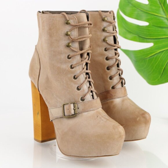 Steve Madden Womens Carnaby Boot Size 8.5 Tan Block Heel Platform Y2K Lace Up - Picture 1 of 12